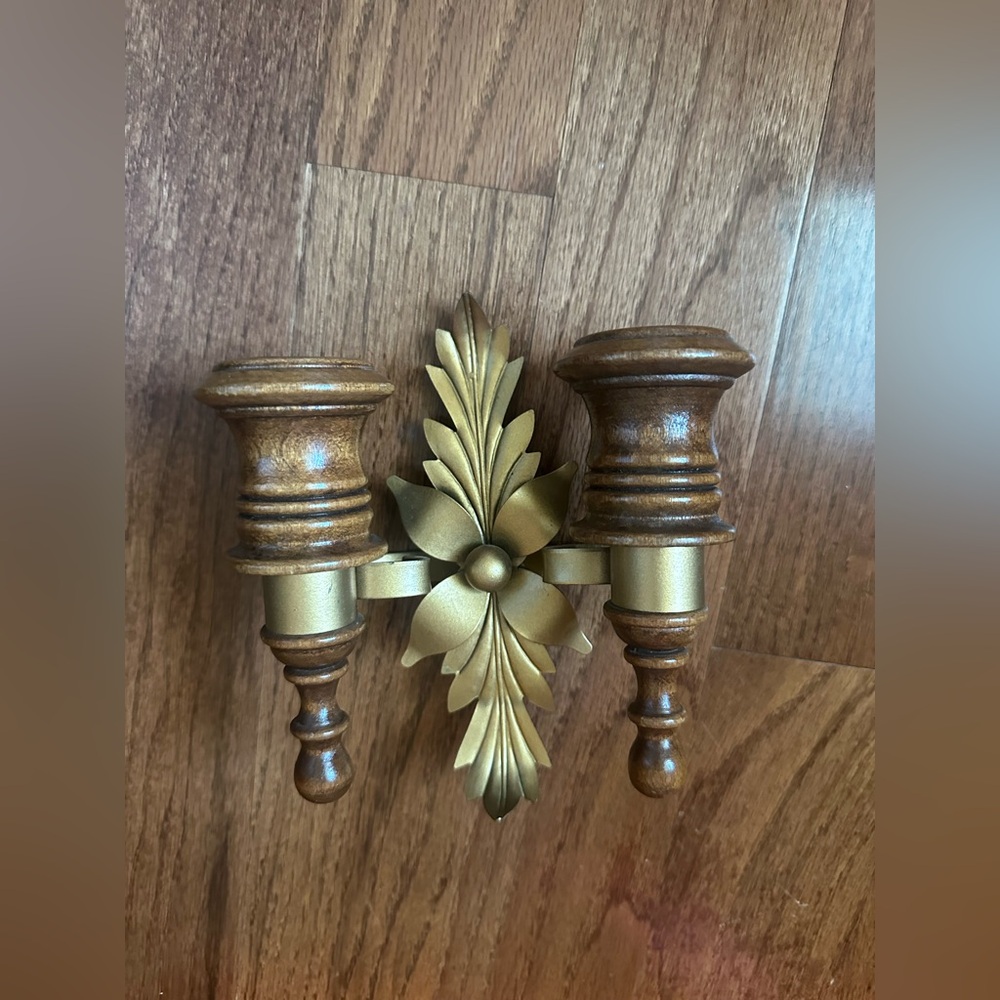 Wood and brass double wall candle holder 1970